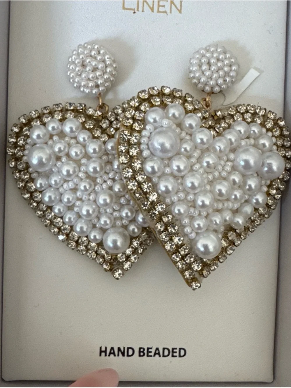 Hand-Beaded Pearl Heart Drop Earrings with Gold Rhinestone Trim